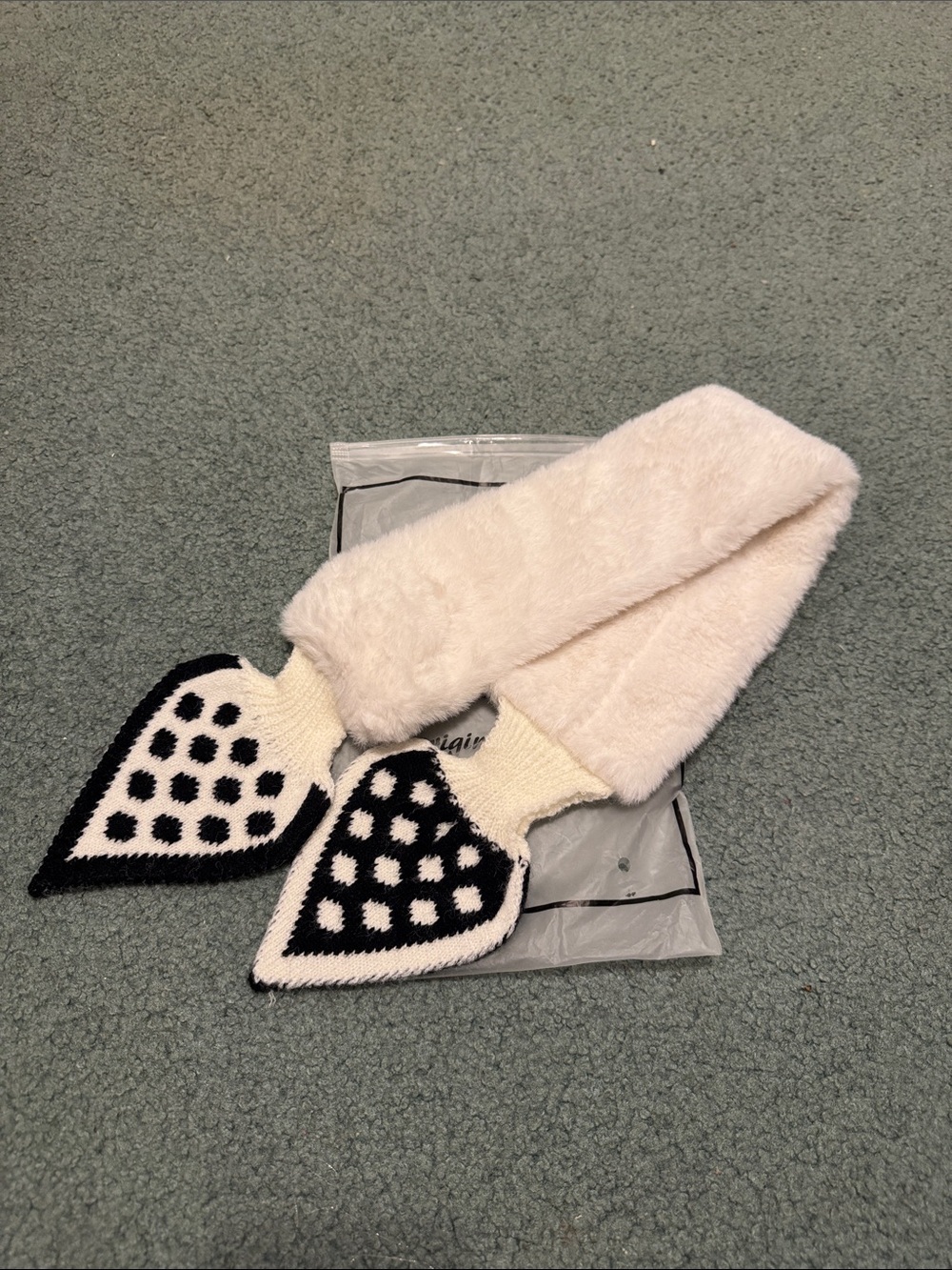 Cream Faux Fur Scarf with Black & White Knit Tips